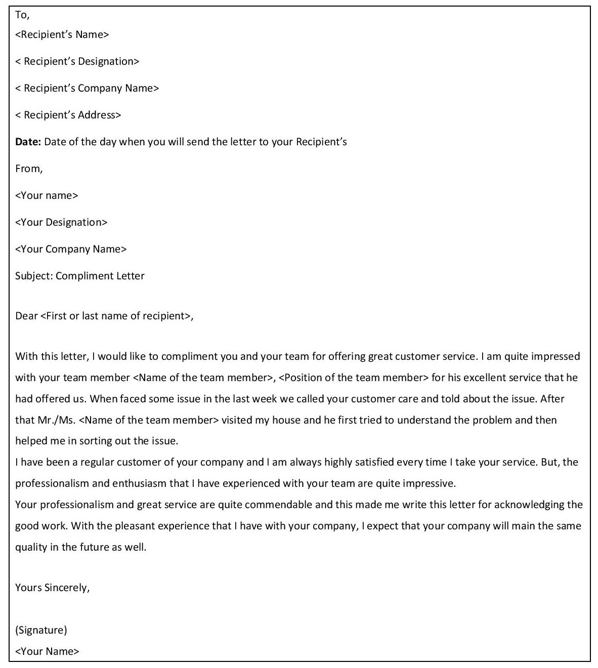 Compliment letter template